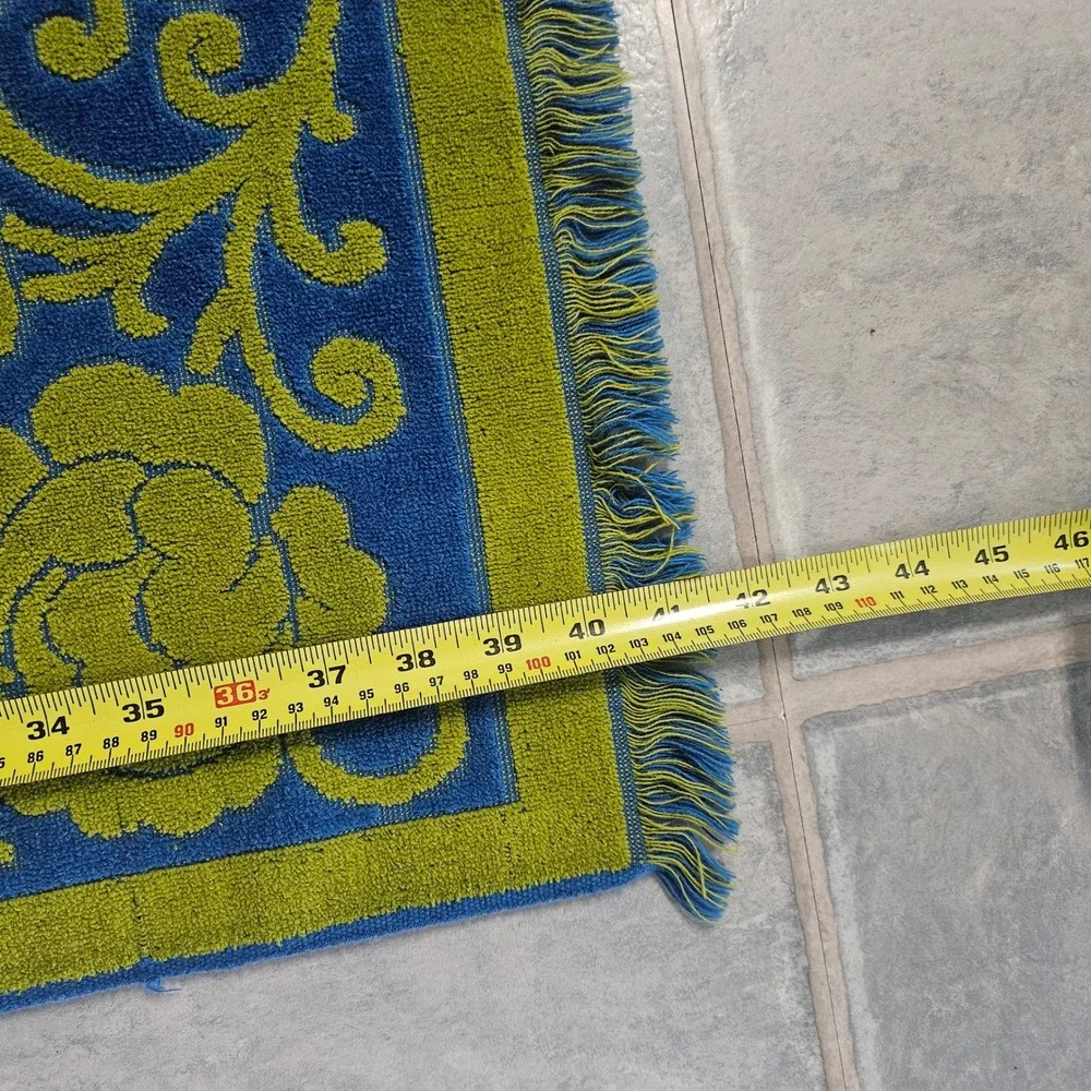 Vintage Fieldcrest Rose Floral Bath Towel Blue Lime Green Cotton Fringed USA MCM